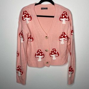 Mushroom Shroom Pink Button Front Cardigan Sweater Pink red white Knit